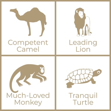 Square with four quadrants containing a camel, lion, monkey and turtle