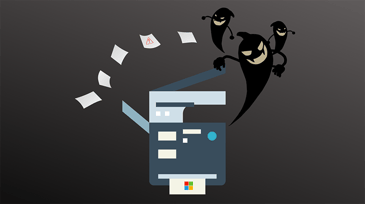 Windows Print Spooler Vulnerability Image. Ghosts coming out of printer as paper flys in the air.