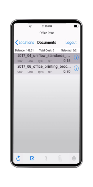uniflow mobile app print job selection screen